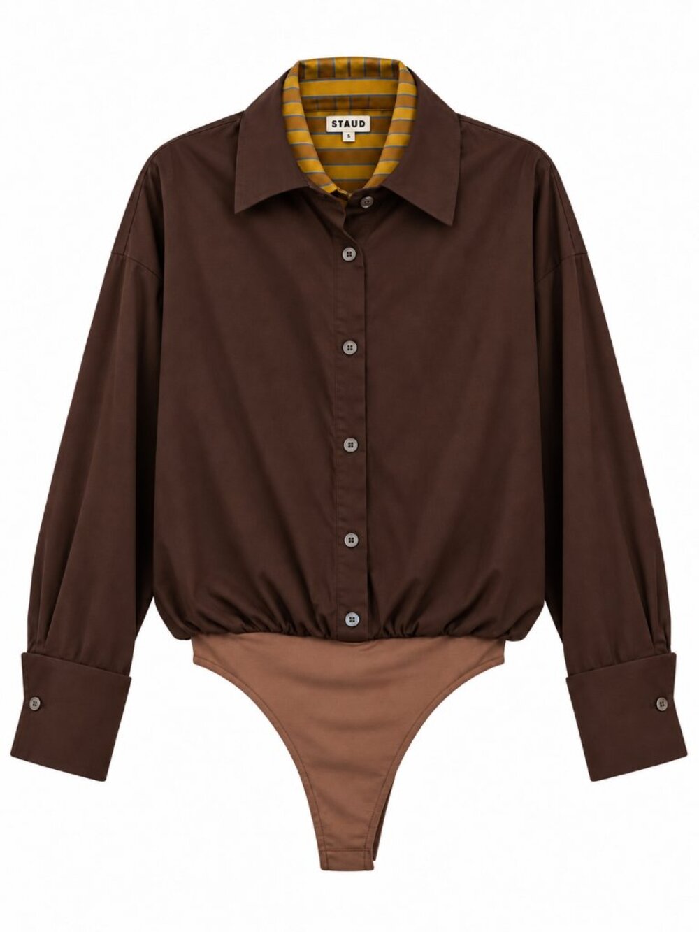 STAUD Uptown Bodysuit Earth Brown Cigar Stripe Double Collar Small S